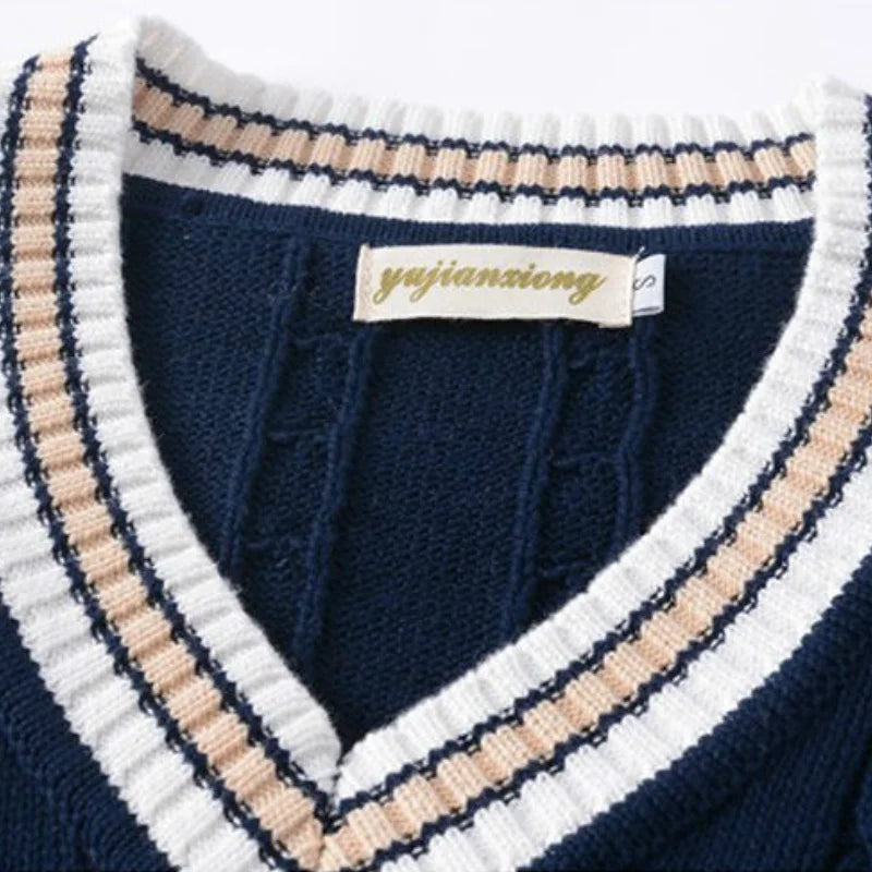 Sweater Vest Men Thicken V-neck Sleeveless Knitted Sweaters Vests Striped Retro Preppy-style Simple Chic Loose Casual All-match voguable