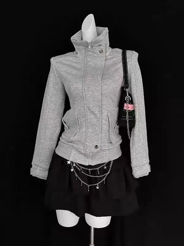 Voguable  Retro Subculture Harajuku Vintage Coats Hooded Women Zipper Sweatshirts Casual Streetwear Grunge Jacket Y2k Stand Neck New voguable
