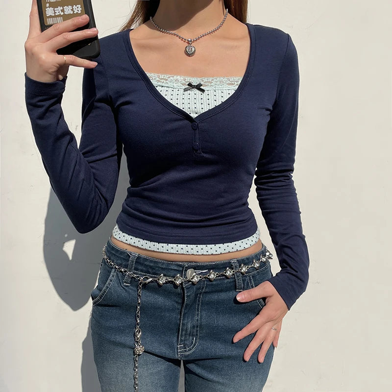 Voguable  Polka Dot Printed Lace Patchwork Fake Two-piece Top y2k Coquette Long Sleeve T-shirt Harajuku Pullover Cute Tees Casual voguable