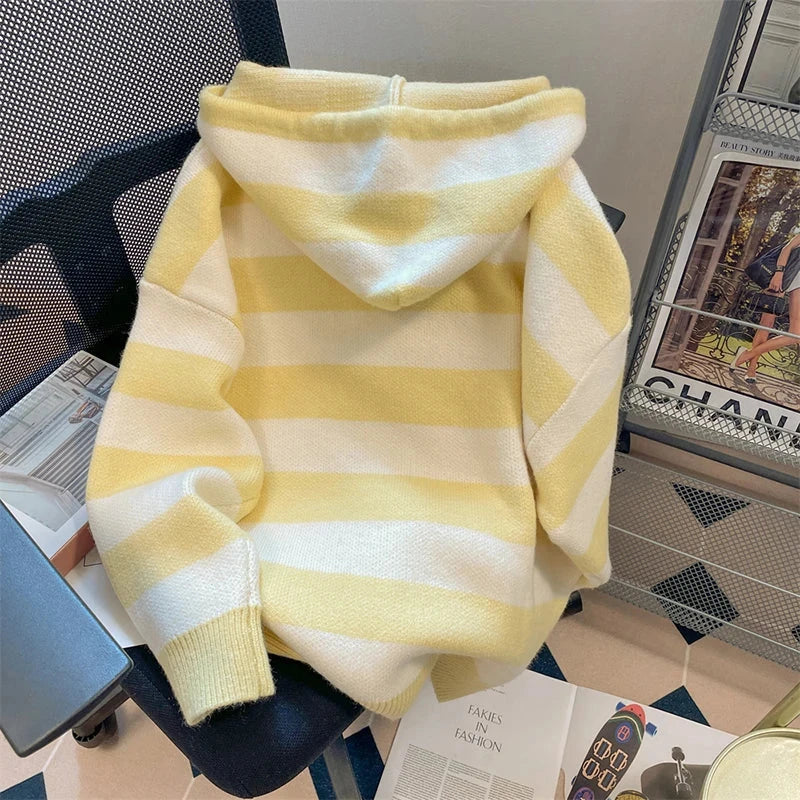 Cartoon Striped Hooded Cardigan Women Loose Cute Long Sleeve Sweet Knitted Sweater Preppy Style Female Kawaii Vintage Tops voguable