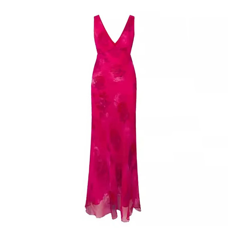 RORORIRI Elegant V-neck Rose Print Long Dress Women Bandage Draped Maxi Sleeveless Tank Dress Evening Party Vintage Clothing voguable