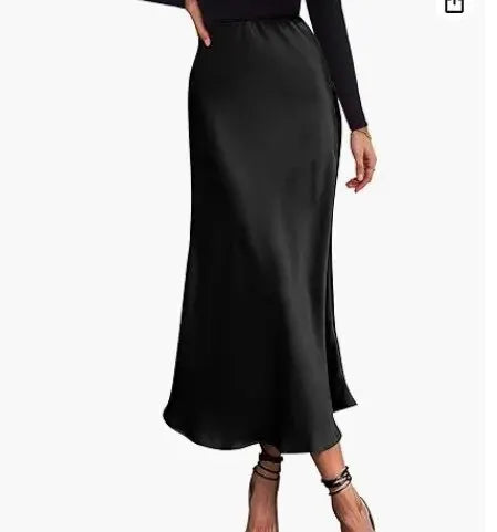 Silk Satin Skirts for Women Korean Style Champagne Office High Waist A- line Skirt Fashion Elegant Solid Long Pencil Skirt 2024 voguable