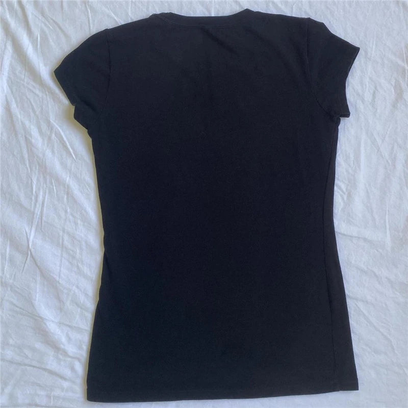 Cyber y2k Tops Women Cybercore Clothing Rhinestone Cross Print Short Sleeve Baby Tee 2000s Aesthetic T Shirt Streetwear voguable