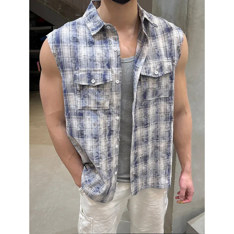 Sleeveless shirt men Trendy Men Plaid Shirt 2025 Summer Fashion Checkered Streetwear Hot Sale Breathable Casual Top Comfortable voguable