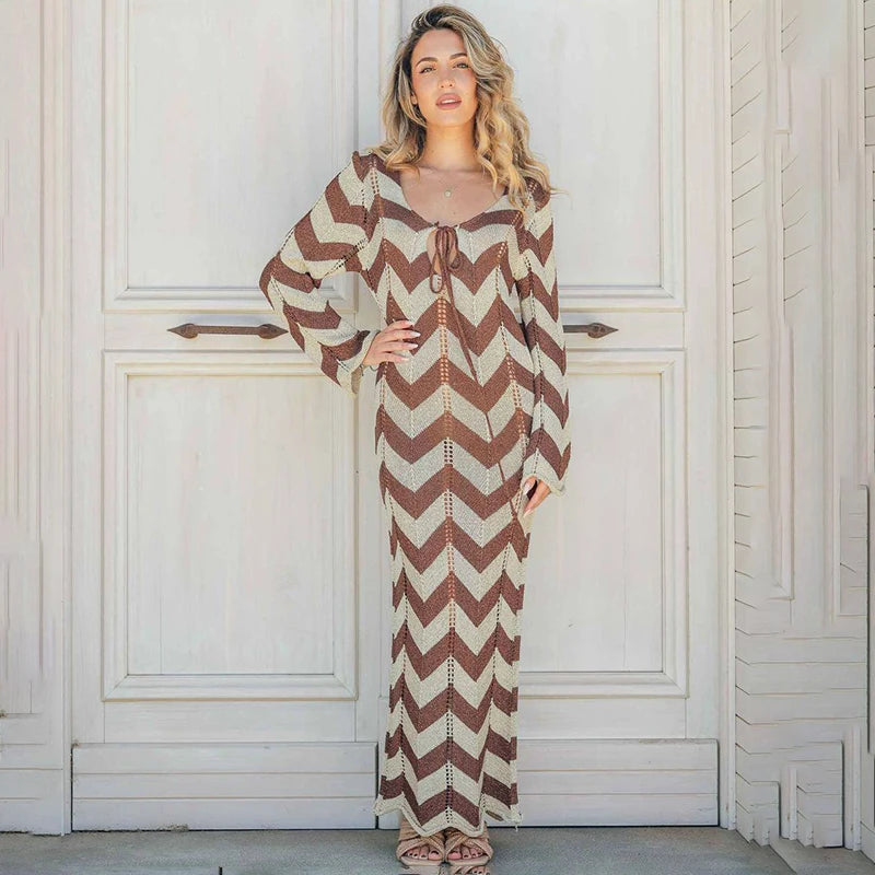TARUXY Autumn New Lace Up Hollow Sexy Beach Cover Up Dress Women's  Stripled Long Sleeve Slim Elegant Knitted Maxi Dress V Neck voguable