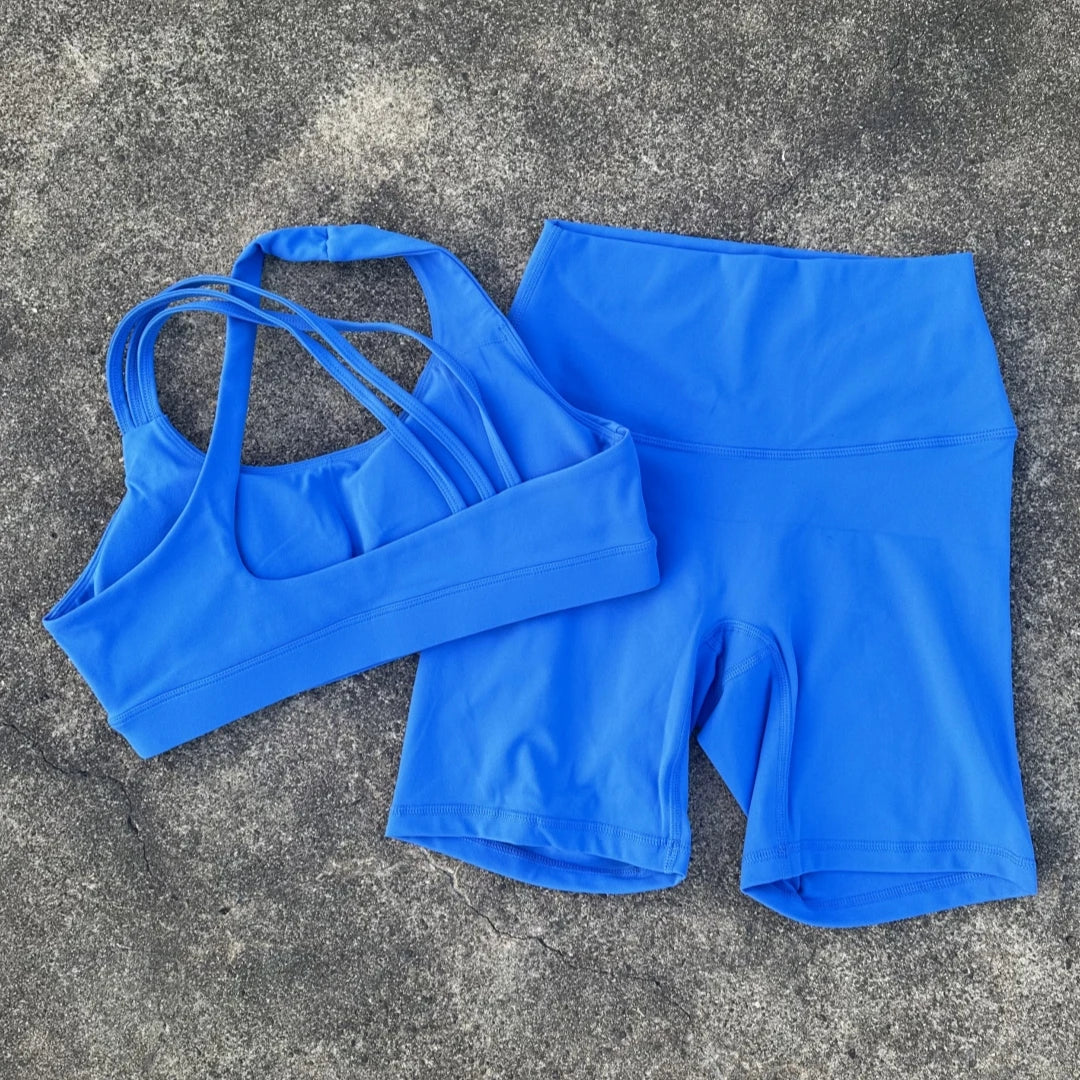 Voguable  Solid Color High Waist Gym Yoga Short Legging Set Tight Women Cross Back High Impact Shoulder Strap Fitness Bra Top Sportwear voguable