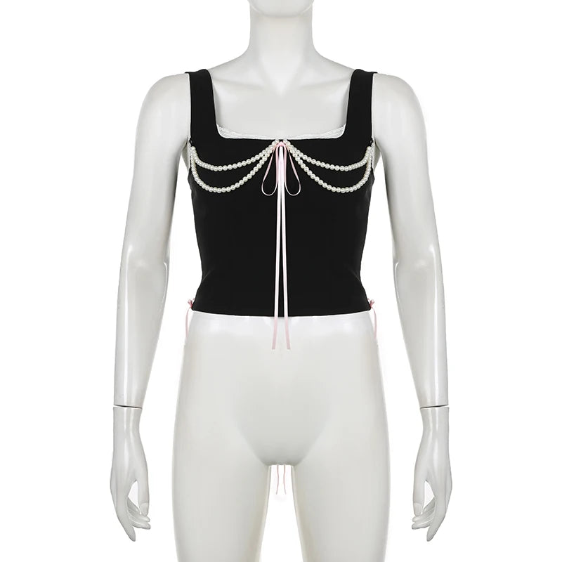 Voguable  French Style Pearl Beading Leather Tank Tops White Black Coquette Aesthetic Skinny Corset Cute Lace Bow Camisole Women voguable