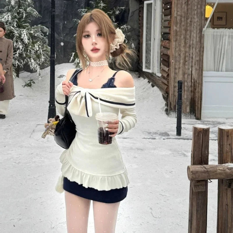 Elegant Sexy Two-piece Set Mini Dress Women Coquette Off Shoulder Evening Party Dress Sweet Korean Style Ruffle Dresses voguable