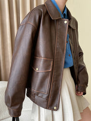Vintage Maillard Leather Jacket Silhouette Craft PU Leather Motorcycle Jacket Top Women Loose Thickened Brown Coat Spring Autumn voguable