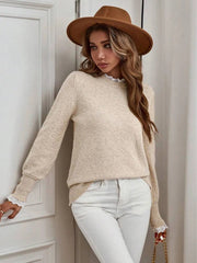Autumn and winter women's lace decoration round neck long sleeved knitted sweater voguable
