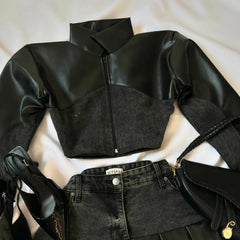 Voguable  Gothic Streetwear PU Denim Crop Top And Pleated Skirt 2 Piece Set Women Dark Academia Outfit voguable