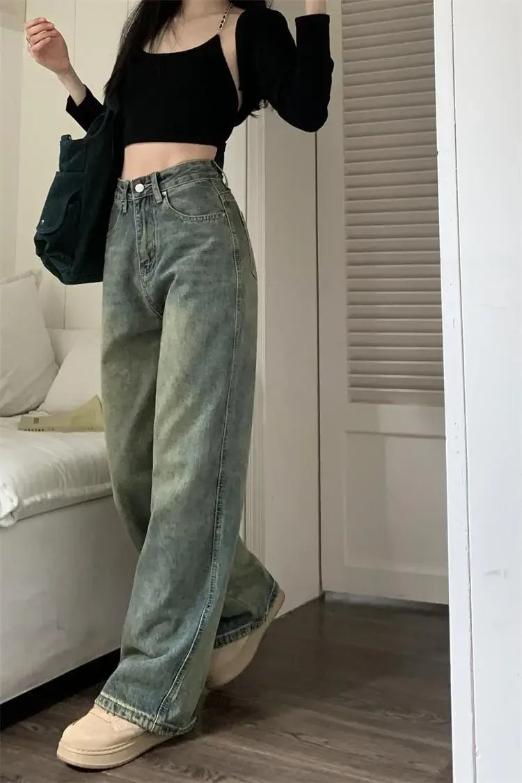 Vintage High-waisted Slimming Jeans American Style Casual Bell Bottoms Versatile Straight-leg Long Pants For Women voguable