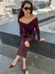 Summer Off-Shoulder Sexy T-shirt Top Women's Pleated Long Sleeve Inner V-Neck White Slim Twist Cropped Pullover Female Tee voguable