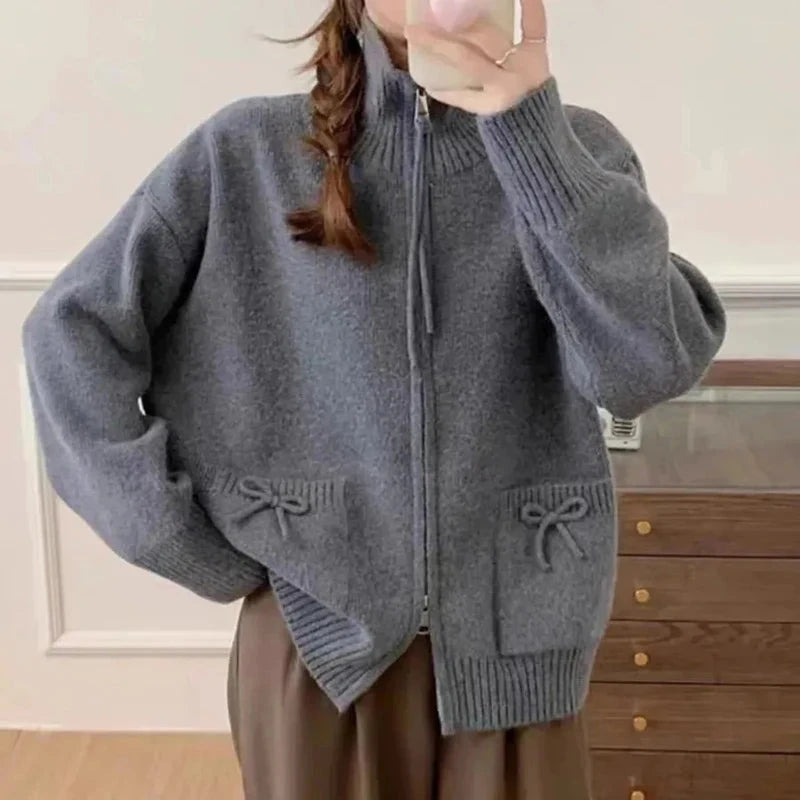Korean Bow Cardigan Women Lazy Wind Double Zipper Long Sleeve Knitted Jacket Vintage Sweet Casual Preppy Style Tops Coat voguable