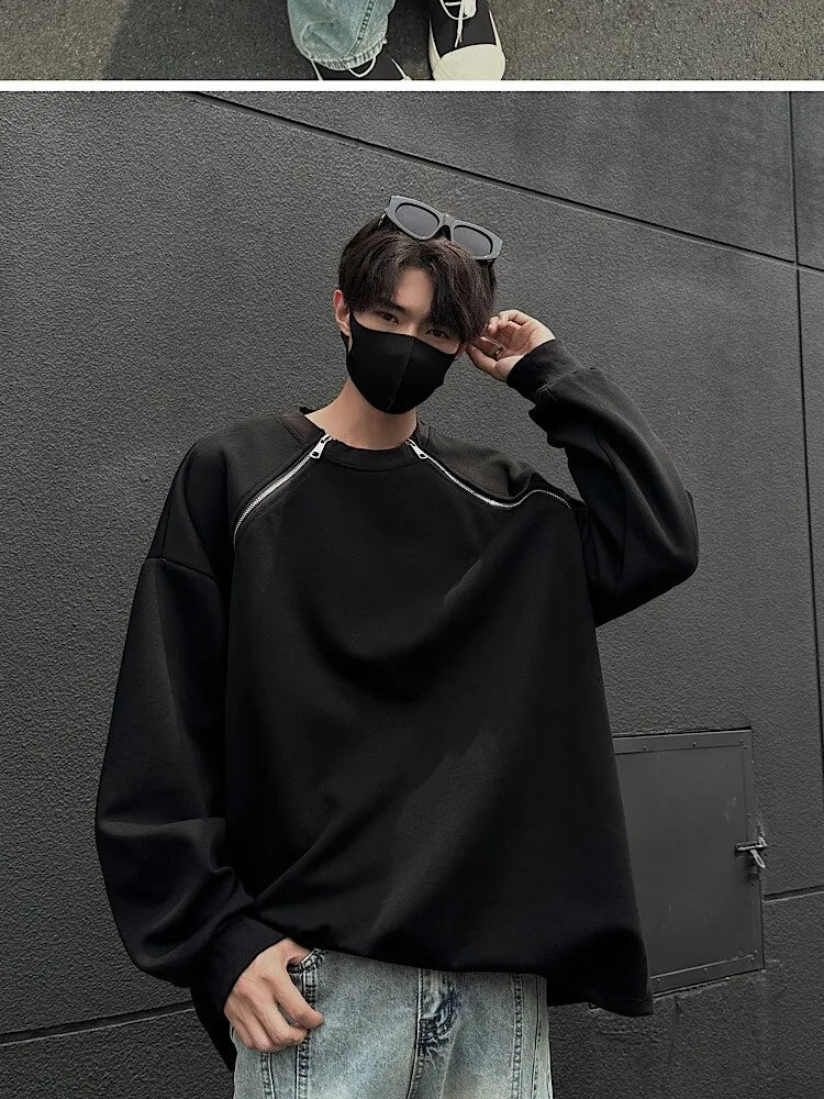 2025 Spring Men Sweatshirts Metal Zipper Solid Color Casual O Neck Fashion Oversize Streetwear Hip Hop Male White/Black voguable