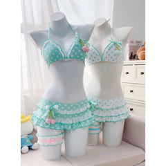 Voguable  Japanese Style Kawaii Girls Swimsuit Sweet Printed Halter Bikini Swimsuit Women Ruffle Bikini Set Bather Bathing Suit Swim voguable