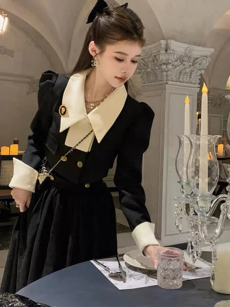 Women Elegant Korean 2 Piece Set Autumn Trend Lace Up Single Breasted Blazer Hight Waist Skirt Suit Office Lady Black Outfits voguable