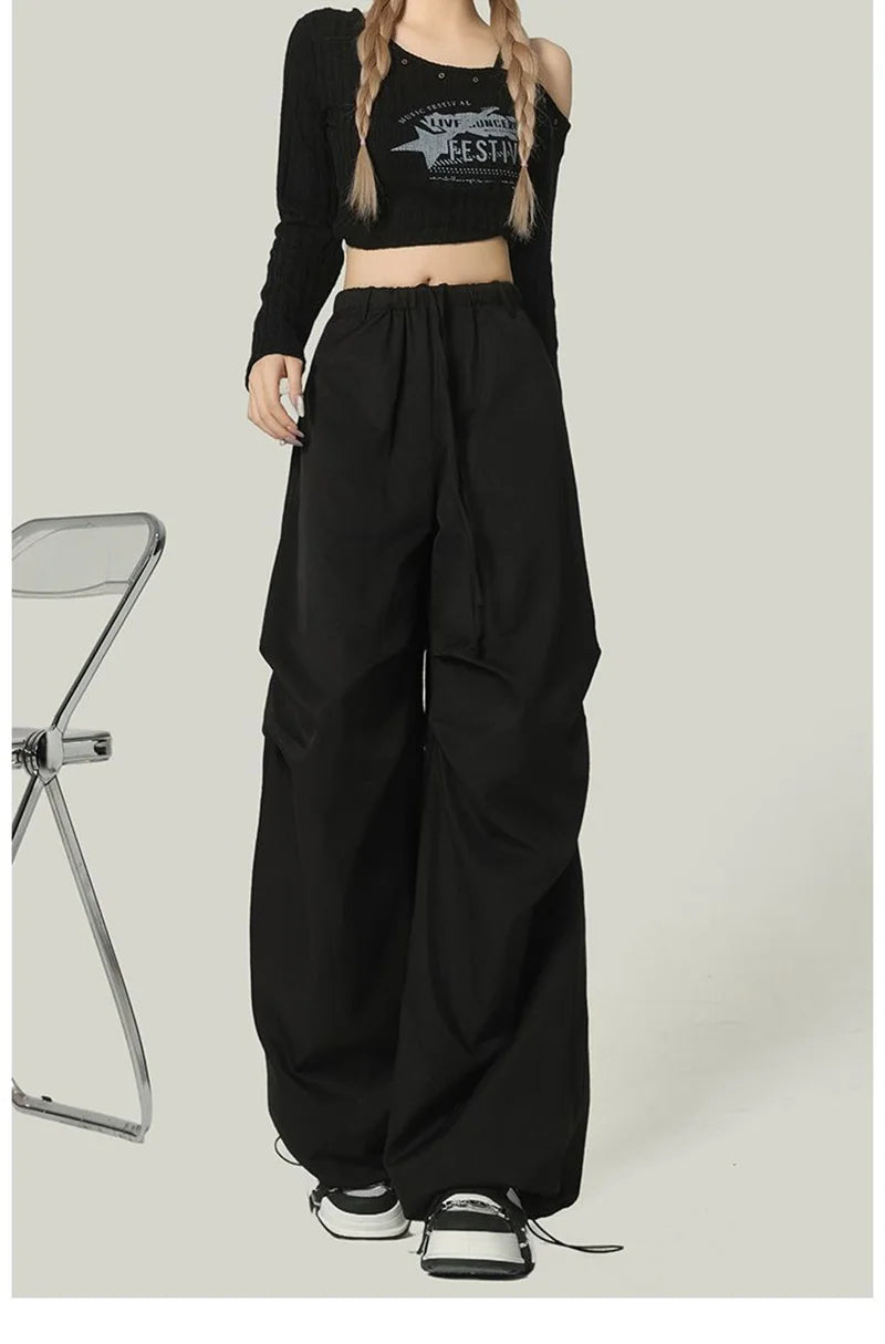 Black Y2K Streetwear Cargo Pant Women Vintage High Waist American Loose Trousers Hip Hop Retro Bf Wrinkles Paratrooper Pants New voguable