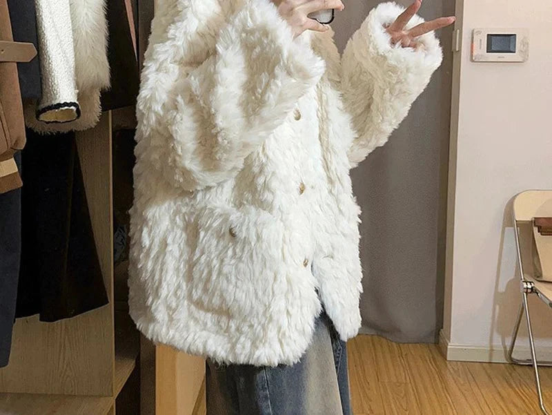 Winter Sweet Korean Faux Lamb Coat Women Vintage Warm Thick Long Sleeve Cute Jacket Casual O Neck Pockets Elegant White Tops New voguable