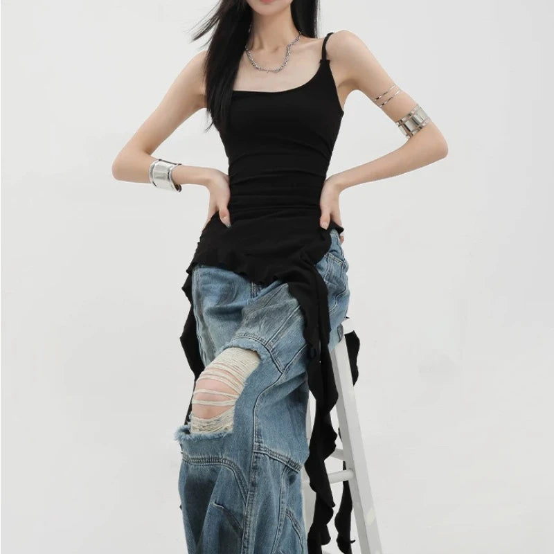 Sexy Tank Top Asymmetrical Black Y2k Women Ruffle Grunge Backless Coquette Fashion Streetwear Tops Solid Aesthetics voguable