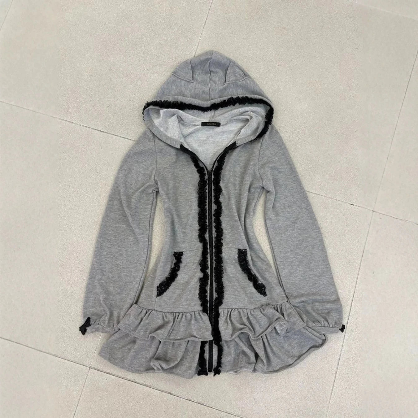 Voguable  New autumn and winter cat ear hooded zipper black lace lace lace waist cinching slim fit jacket hoodie voguable