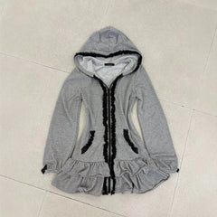 Voguable  New autumn and winter cat ear hooded zipper black lace lace lace waist cinching slim fit jacket hoodie voguable