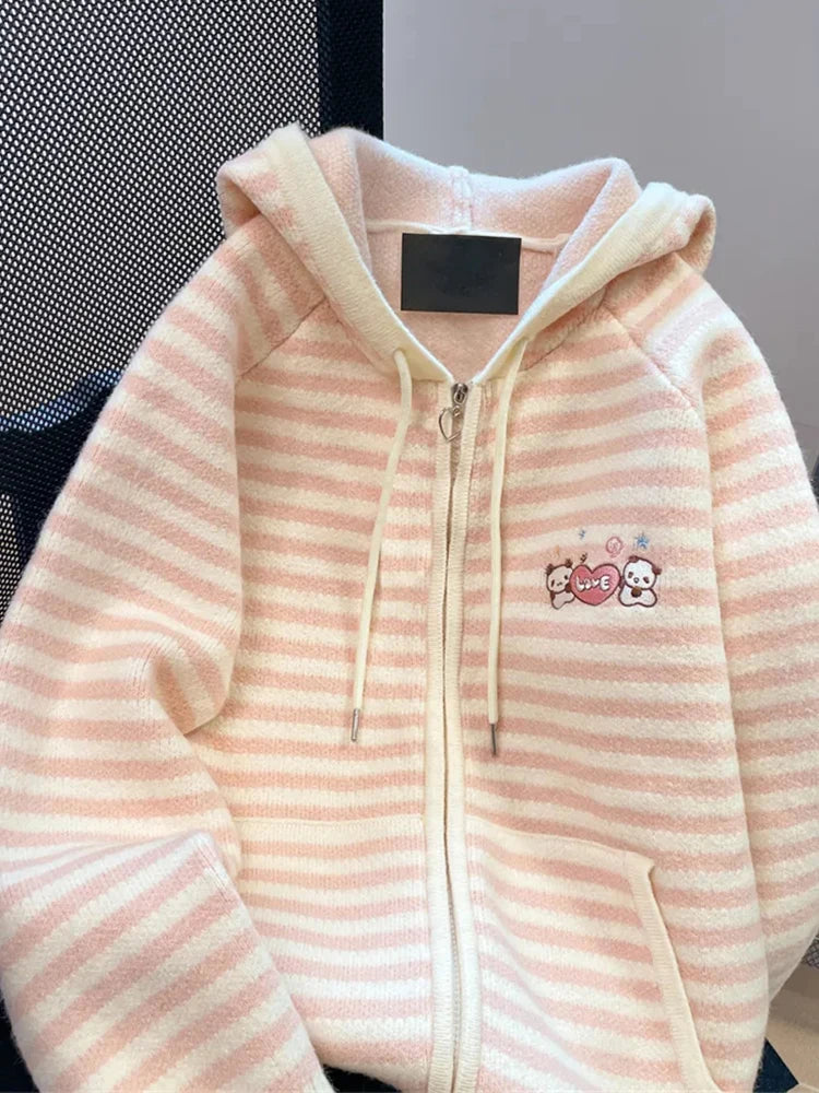 Pink Striped Sweet Cardigan Women Cute Cartoon Long Sleeve Knitted Sweaters Vintage Kawaii Preppy Style Japan Pockets Tops Coats voguable