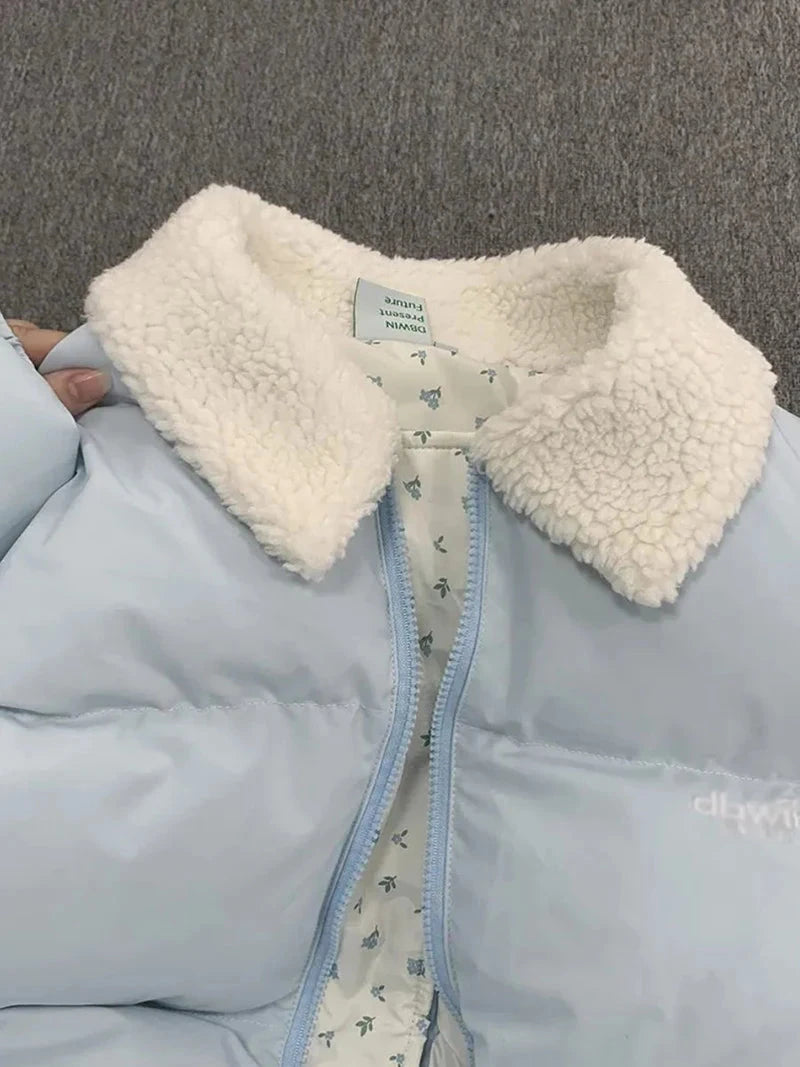 Blue Floral Patchwork Parkas Women Korean Sweet Winter Warm Puffy Coat Casual Long Sleeve Loose Preppy Style Cotton Jacket voguable