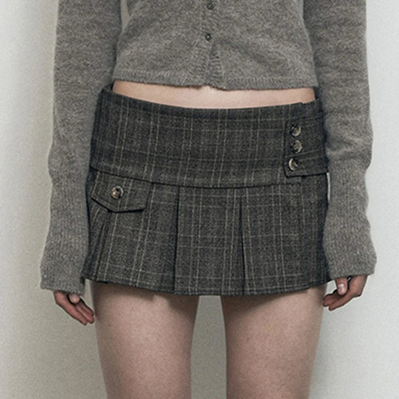 Voguable  Vintage Plaid Print Buttons Irregular Hem Pleated Skirt Khaki Grey Preppy Style Sweet High Waist Mini Skirts Korean voguable