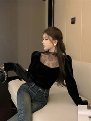 Lace Patchwork Women T Shirt Autumn Sweet Puff Sleeve Slim Crop Tops Female Half Turtleneck Splicing Casual Bottoming Tees voguable