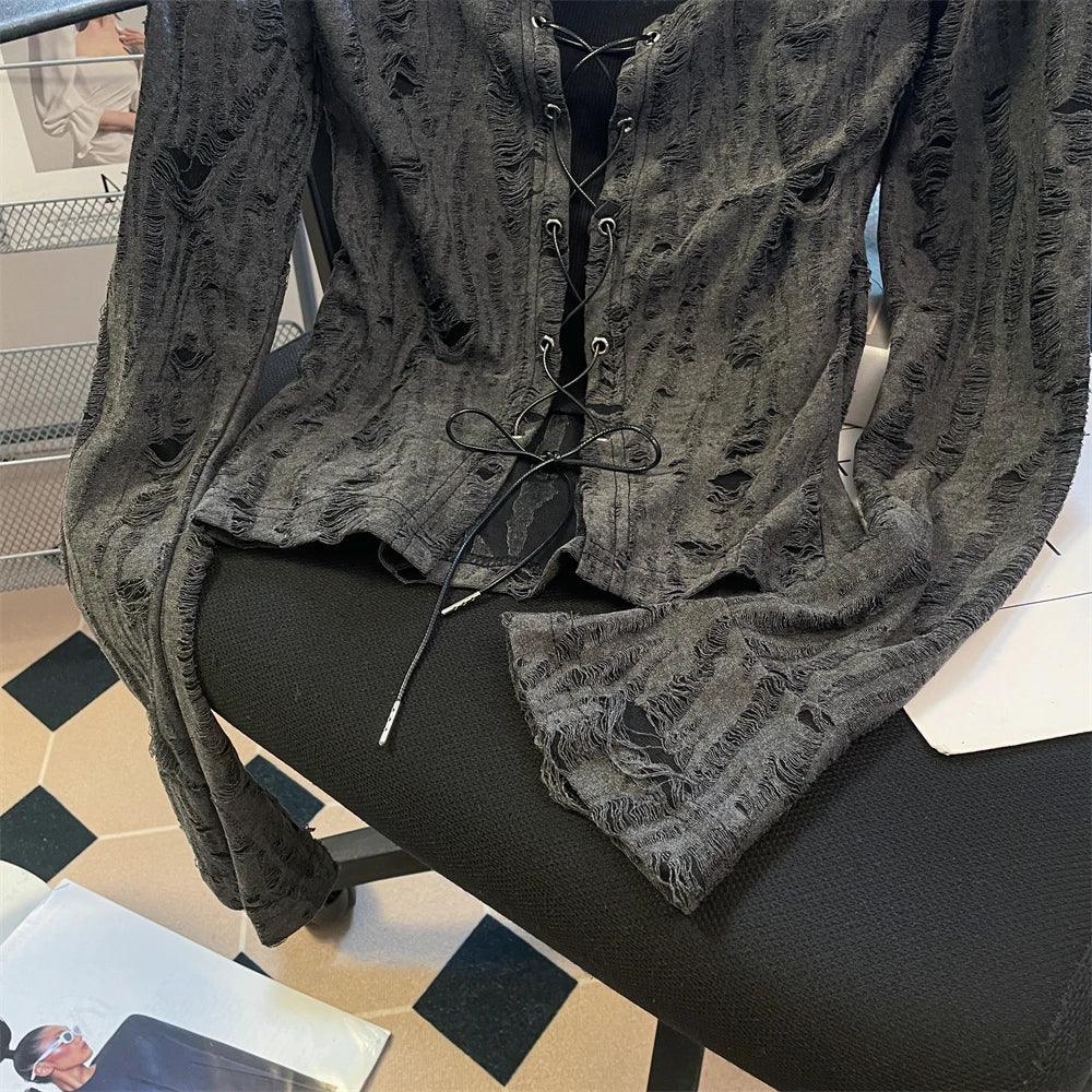Destressed Two Piece Set Lace-up Cardigan with Cami Women's Y2K Grunge Crop Long Sleeve Criss Cross Knit Tops Acubi Outfit voguable