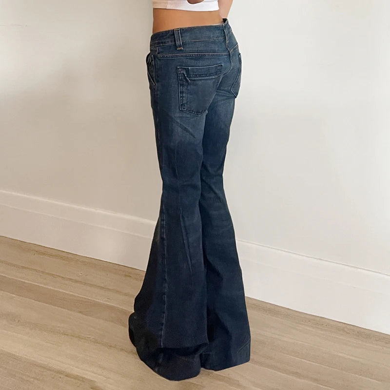 Blue Low Rise Flare Jeans Vintage 2000s Slim-fitting Denim Pants Korean Style Women Trousers y2k Distressed Mom Jeans 90s voguable