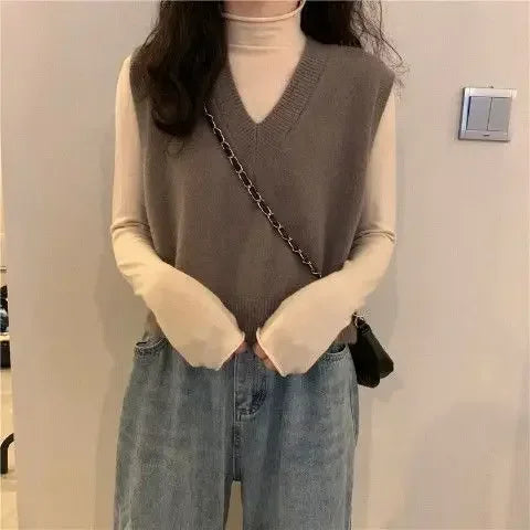 Women's Sweater Yellow Vest Short Knit Tops for Woman Green Crop V-neck Korean Style Winter Thermal Blouse Tall Long Sleeve Warm voguable