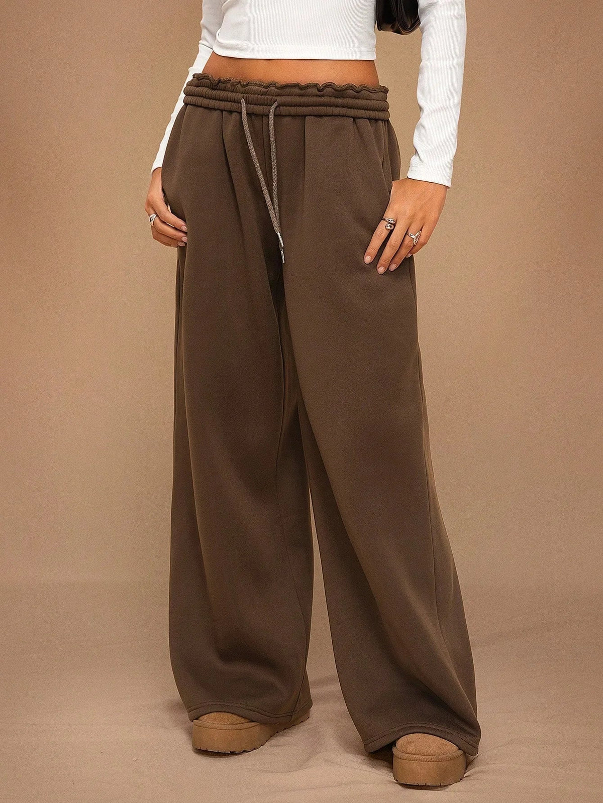 Voguable  High Waisted Drawstring Solid Color Loose Fit Women's Wide Leg Pant Autumn and Winter New Simple Straight Leg Pants Fashion voguable