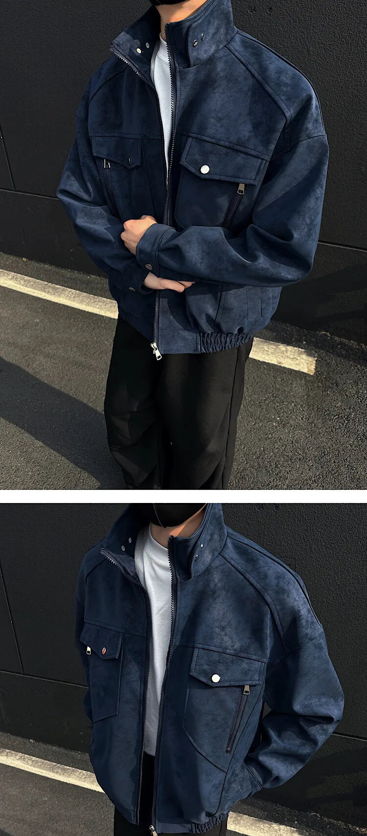 Mens Short Stand Collar Motorcycle Jacket Patchwork Cargo Biker Coat Spring Outdoor Riding Fashion Streetwear Urban Trendy voguable
