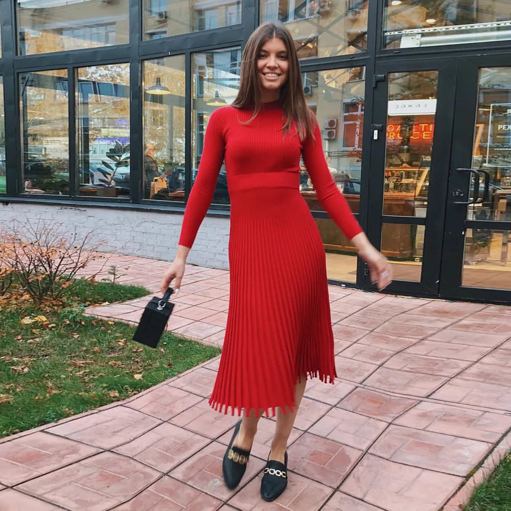 Women Spring And Autumn Solid Color Casual Pleated Mid-length Knitted Dress Fashion Long Sleeve O-neck Robe A-line Slim Vestidos voguable