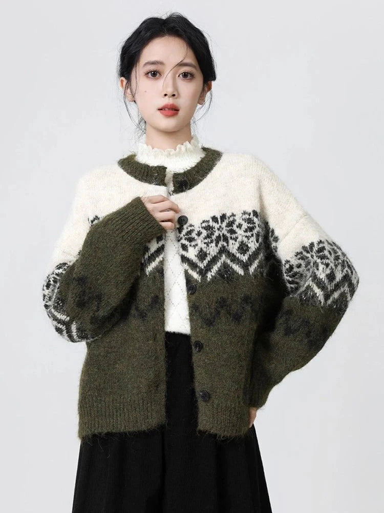 Women O Neck Retro Print Cardigan Sweaters Casual Lazy Wind Long Sleeve Knitted Short Coat Fall Winter Vintage Harajuku Lady Top voguable