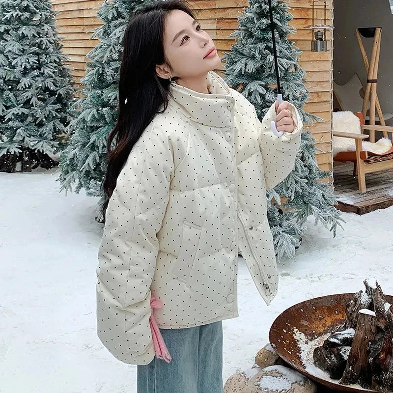 Dot Sweet Warm Parkas Women Long Sleeve Retro Winter Thick Cute Cotton Coat Casual Stand Collar Pockets Korean New Jacket voguable