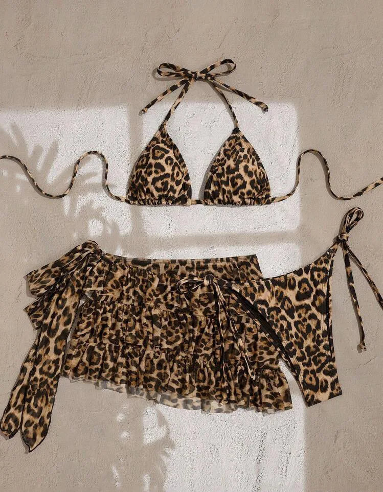 Voguable  Women Classic Leopard Print 3 Piece Bikini Set Halter Triangle Top Side Tie Bikinis Tiered Ruffle Mesh Wrap Skirt Beach Swimwear voguable