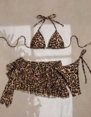 Voguable  Women Classic Leopard Print 3 Piece Bikini Set Halter Triangle Top Side Tie Bikinis Tiered Ruffle Mesh Wrap Skirt Beach Swimwear voguable