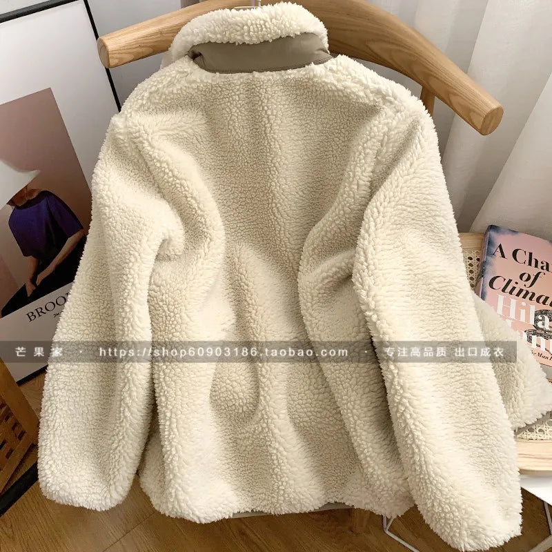 Autumn Winter Lambswool Coat Male Loose Windproof Warm Sherpa Stand Collar Polar Fleece Jacket Unisex Simple  Pocket Spliced Top voguable