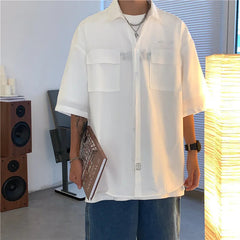 Summer Short Sleeved Shirt Men Pocket Casual Shirt Men Japanese Streetwear Loose Ice Silk Shirts Mens White Shirt Plus Size 4XL voguable