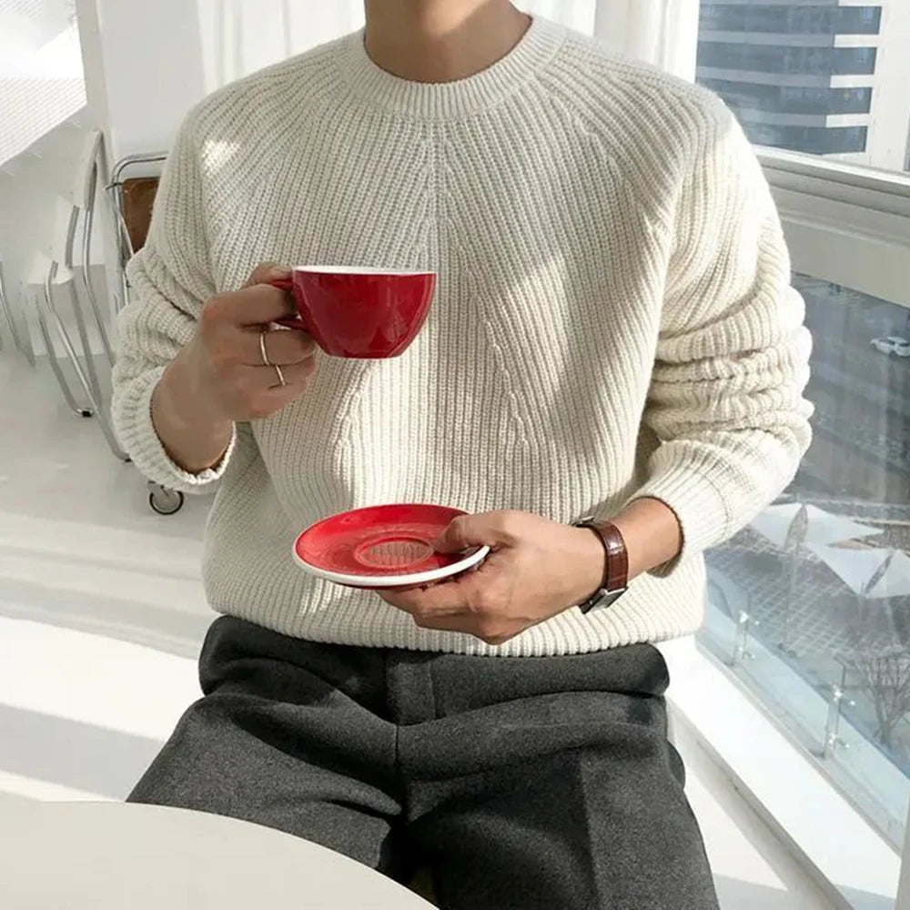 Voguable  Men Autumn Winter Korean Style Loose Round Neck Knitted Sweater Gender-Neutral Trendy Casual Solid Color Simple Sweater Unisex voguable