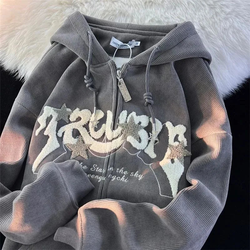 Y2k American Retro Embroidery Corduroy Coat Women's Harajuku Spring Autumn Thin Casual Preppy Loose Hoodie Cardigan Coat Trend voguable