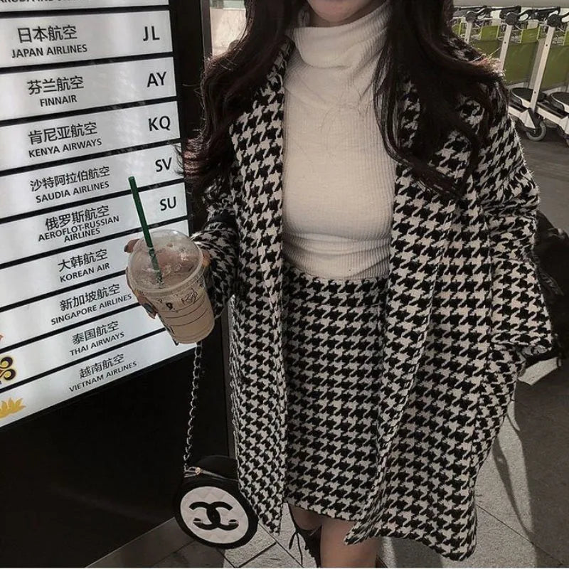 Voguable  Spring Autumn New Houndstooth Suit Women's Fashion Loose Double-Breasted Cotton Woolen Coat+High Waist Skirt Two-Piece Suit voguable