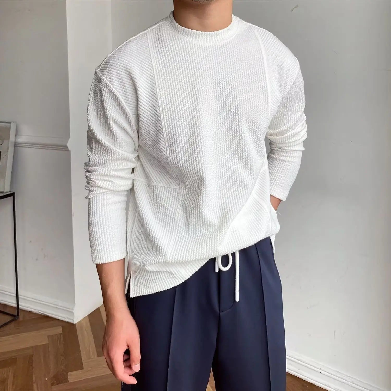 Voguable  Spring Autumn Casual Fashion Solid Loose T-shirt Man Long Sleeve All Match Korean Style Patchwork Pullover Tops Tee Male Clothes voguable