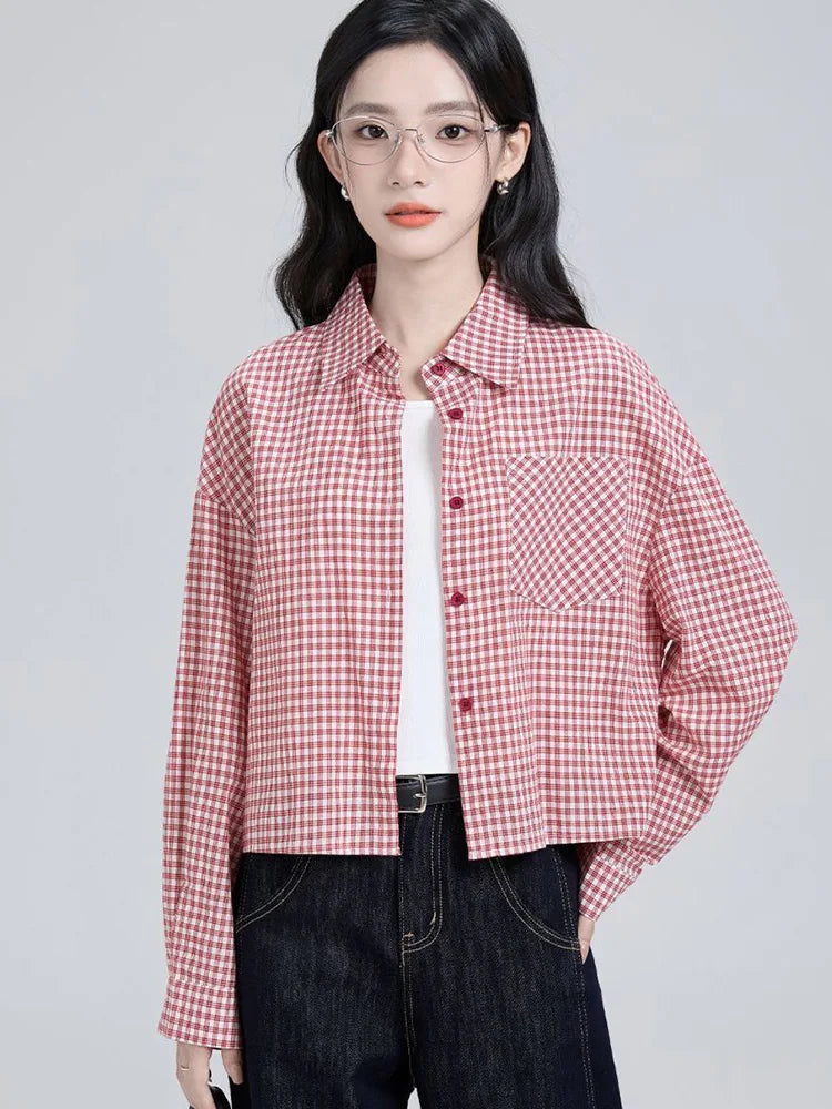 Sweet Red Plaid Shirt Women Preppy Style Vintage Long Sleeve Blouse Korean Fall Loose Female Retro Cute All Match Tops New voguable