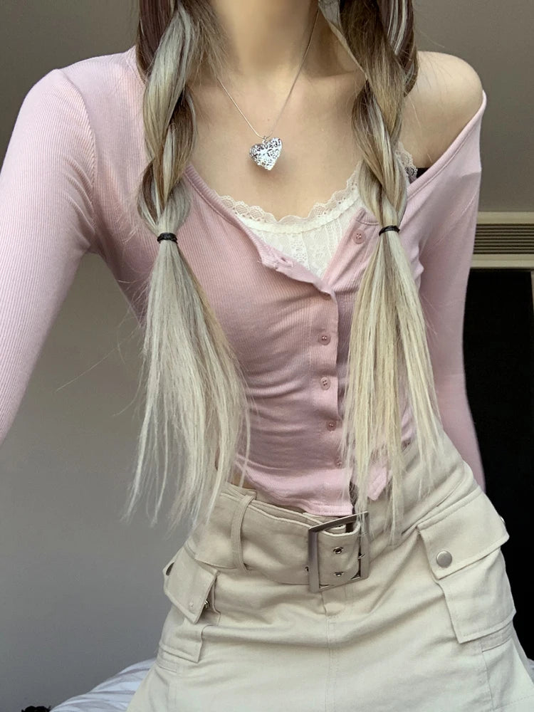 Voguable  Lace Patchwork Fake Two Piece T-shirt Coquette Aesthetic Kawaii Crop Top Janpanese Fashion Button Up Cardigan Women voguable