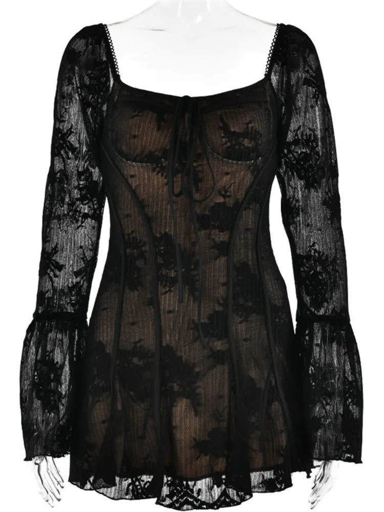 Elegant Backless Long Flare Sleeve Print Mini Dress Women Fashion square collar A-line Pleated Club Party Sexy Dress voguable