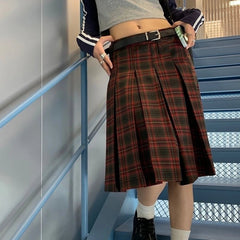 Women Pleated Plaid Skirt Vintage Preppy Style Mid Length Skirt Harajuku Korean Fashion Retro Japanese Classic Basic voguable
